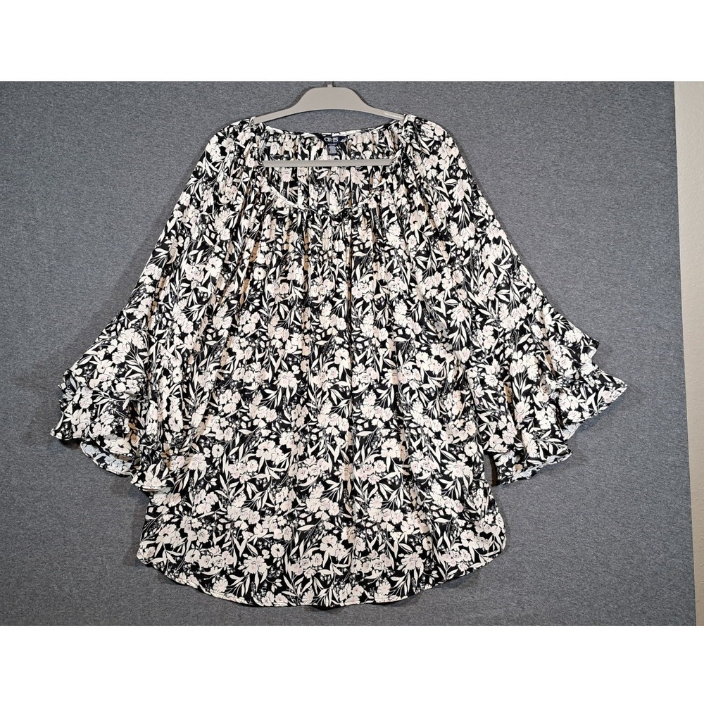 Chaps Womens 3X Floral Tiered Bell Sleeve Peasant Blouse Black White Pink Top
